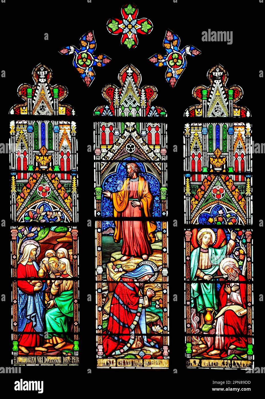 Stained glass window, Obadiah brings bread, Elijah with servant, and Elijah with angel, by William Wailes, mid 19th century, Ely Cathedral Stock Photo