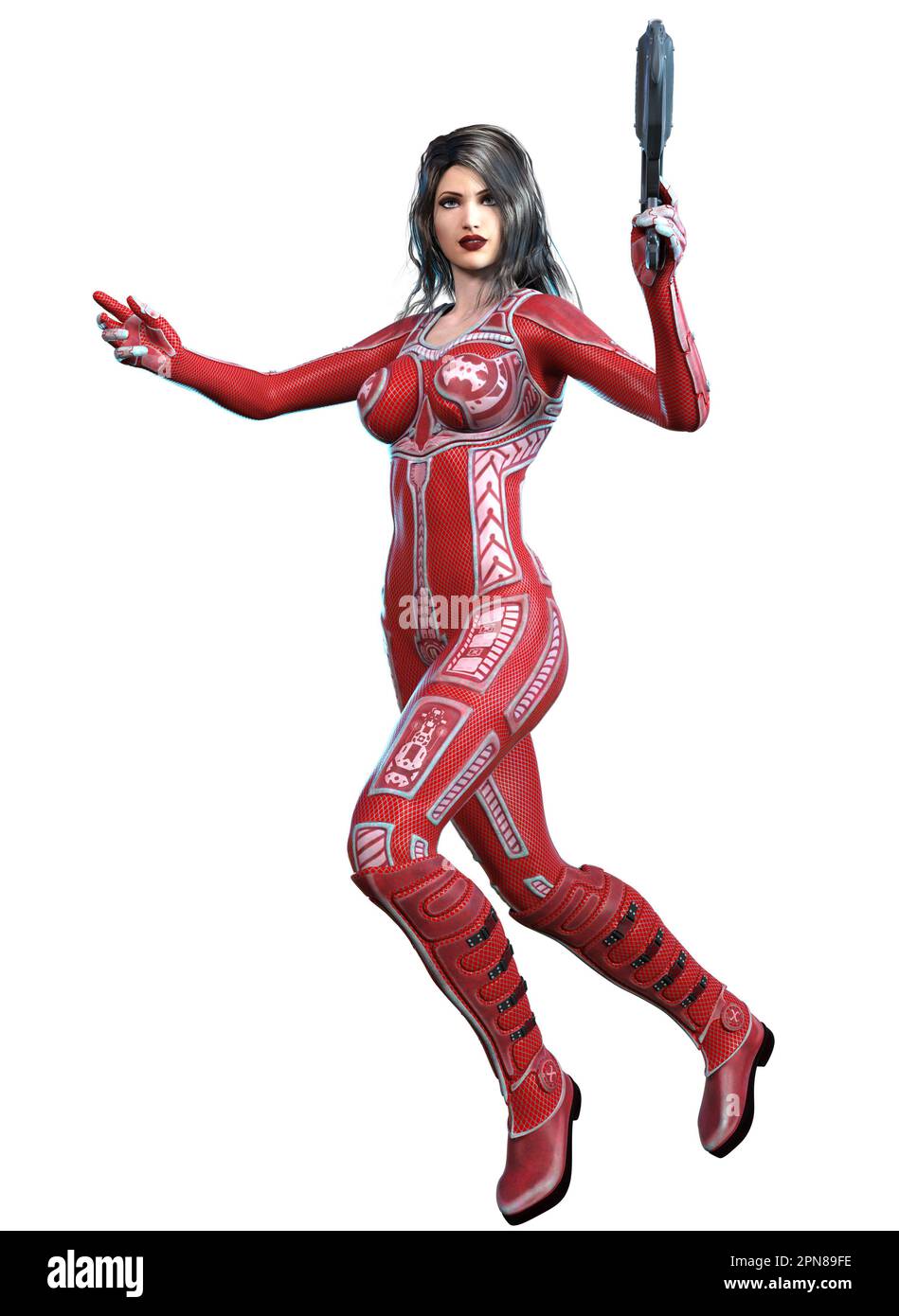 futuristic woman in a red uniform, armed with a gun, 3d illustration Stock Photo