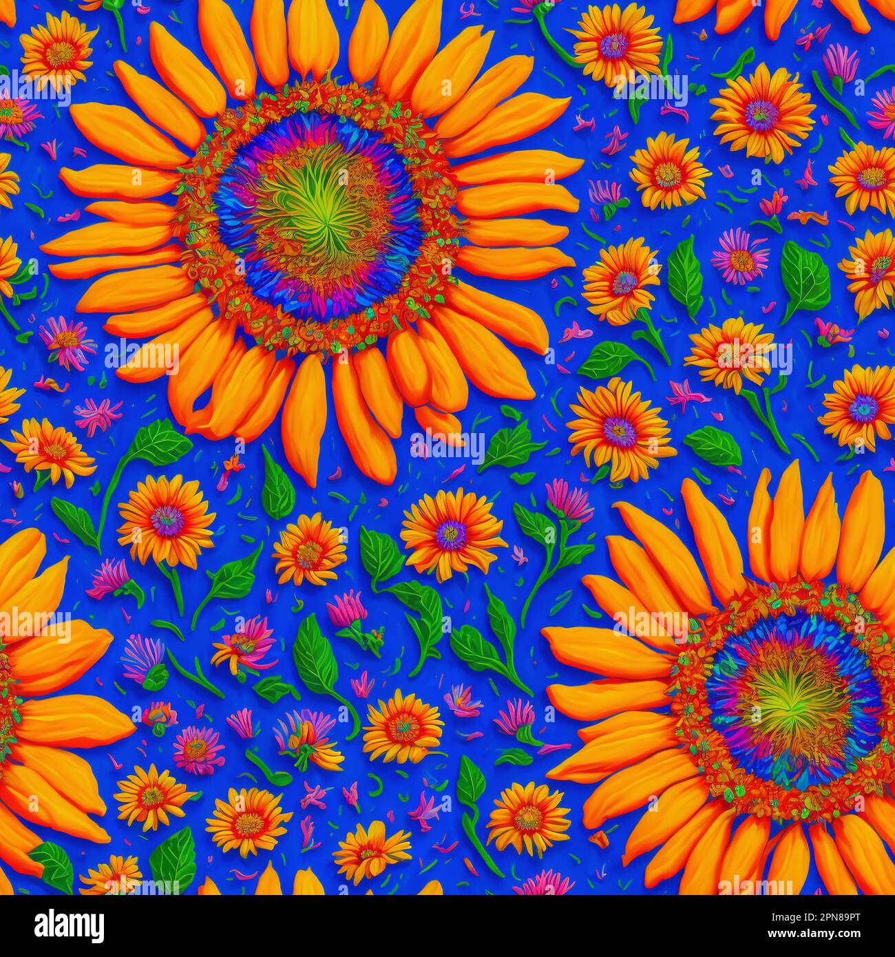 Colorful Psychedelic Seamless Impasto Flowers, 3d Flowers Stock Photo