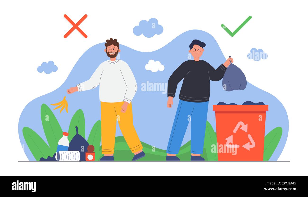 One man putting trash in recycle container, another one throwing Stock