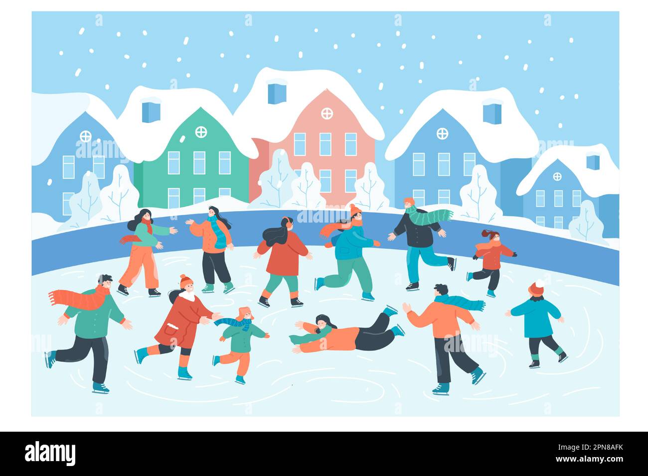 Happy people skating on ice rink in city landscape with houses Stock