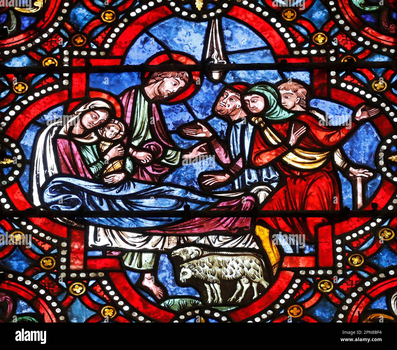 Auxerre Cathedral. Stained glass. Nativity scene. The Adoration of the ...