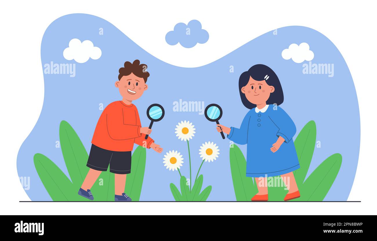 Children biologists looking through magnifying glasses at flower Stock Vector