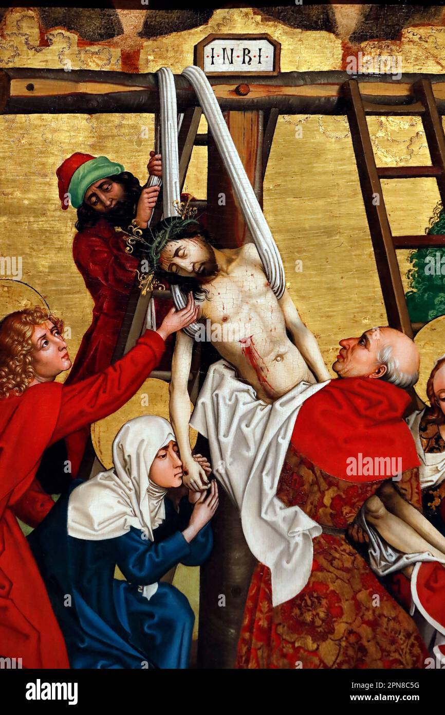 Unterlinden Museum. Christ in his Passion. Jesus is taken down from the cross.  Detai. Oil on wood panel. Martin Schongauer. Late 15 th century. Colma Stock Photo