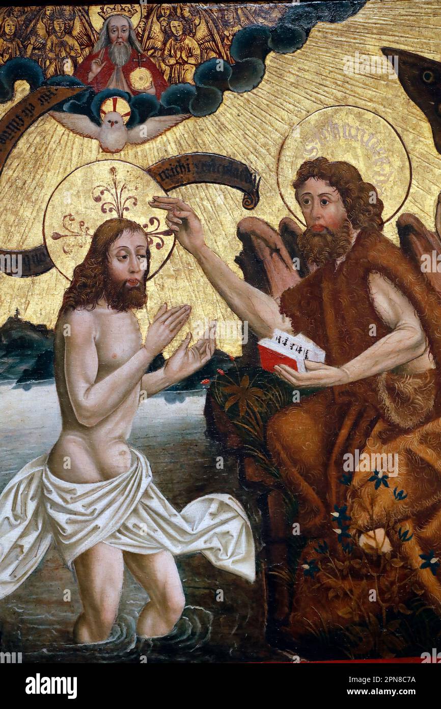 Unterlinden Museum. Baptism of Christ.  Detail. Oil on wood panel. Martin Schongauer. Late 15 th century. Colmar. France. Colmar. France. Stock Photo