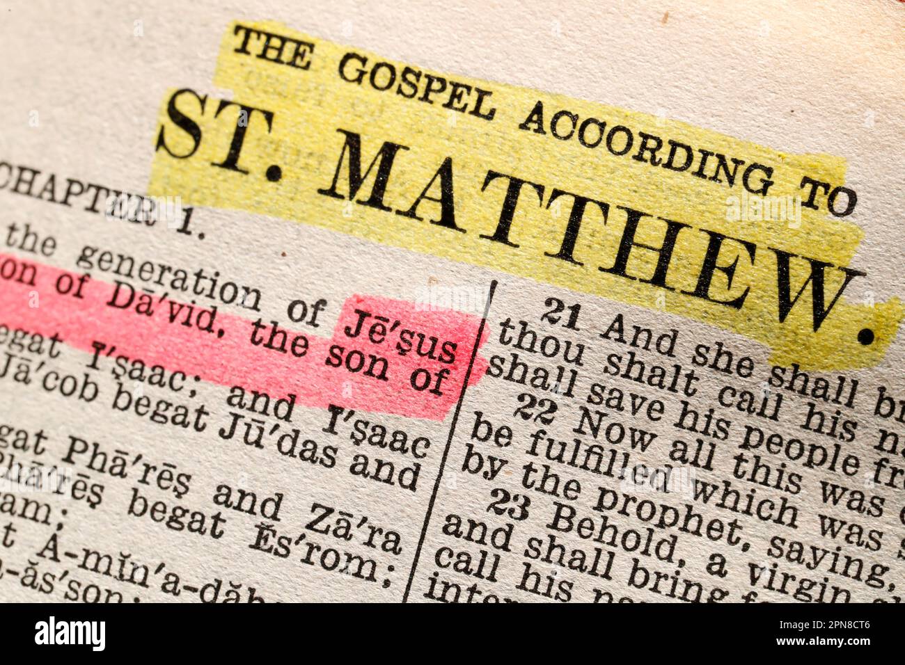 Open bible.  Bible study.  The gospel according to St Matthew. Stock Photo