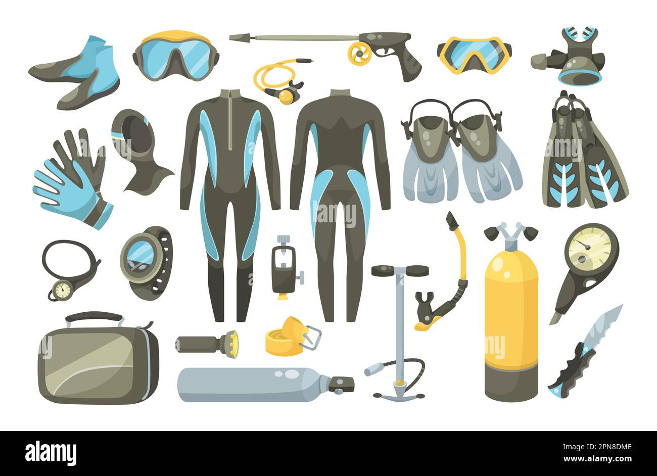 Gear for scuba diving and spearfishing vector illustrations set Stock