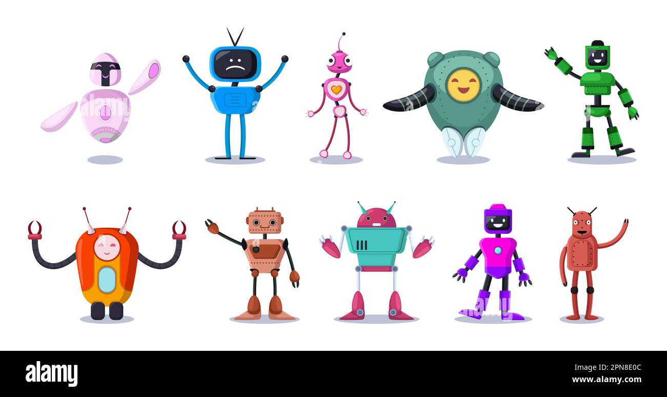 Cute comic robots of different shapes vector illustrations set Stock ...