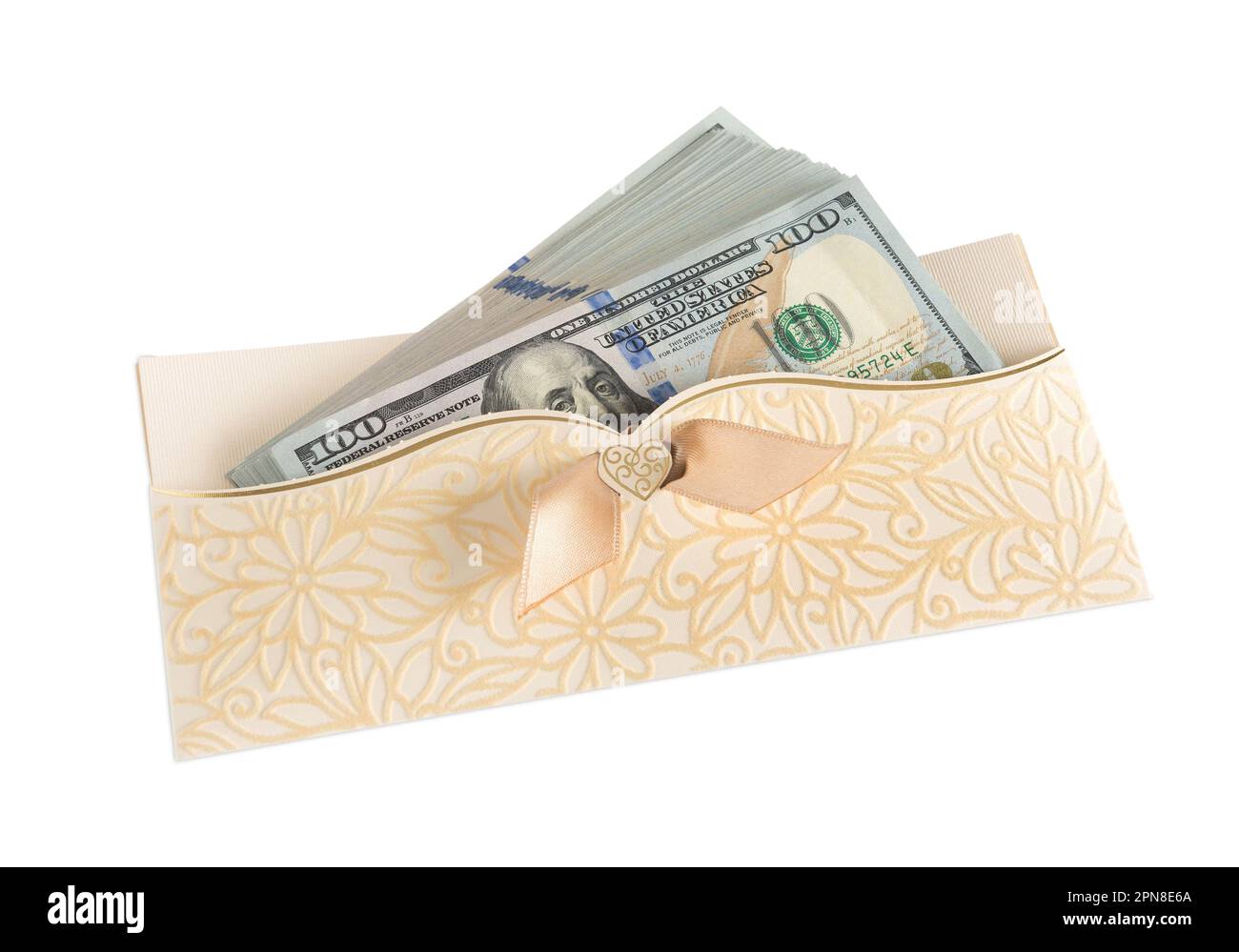 Pack of dollars in a beautiful gift envelope on the white isolated background Stock Photo