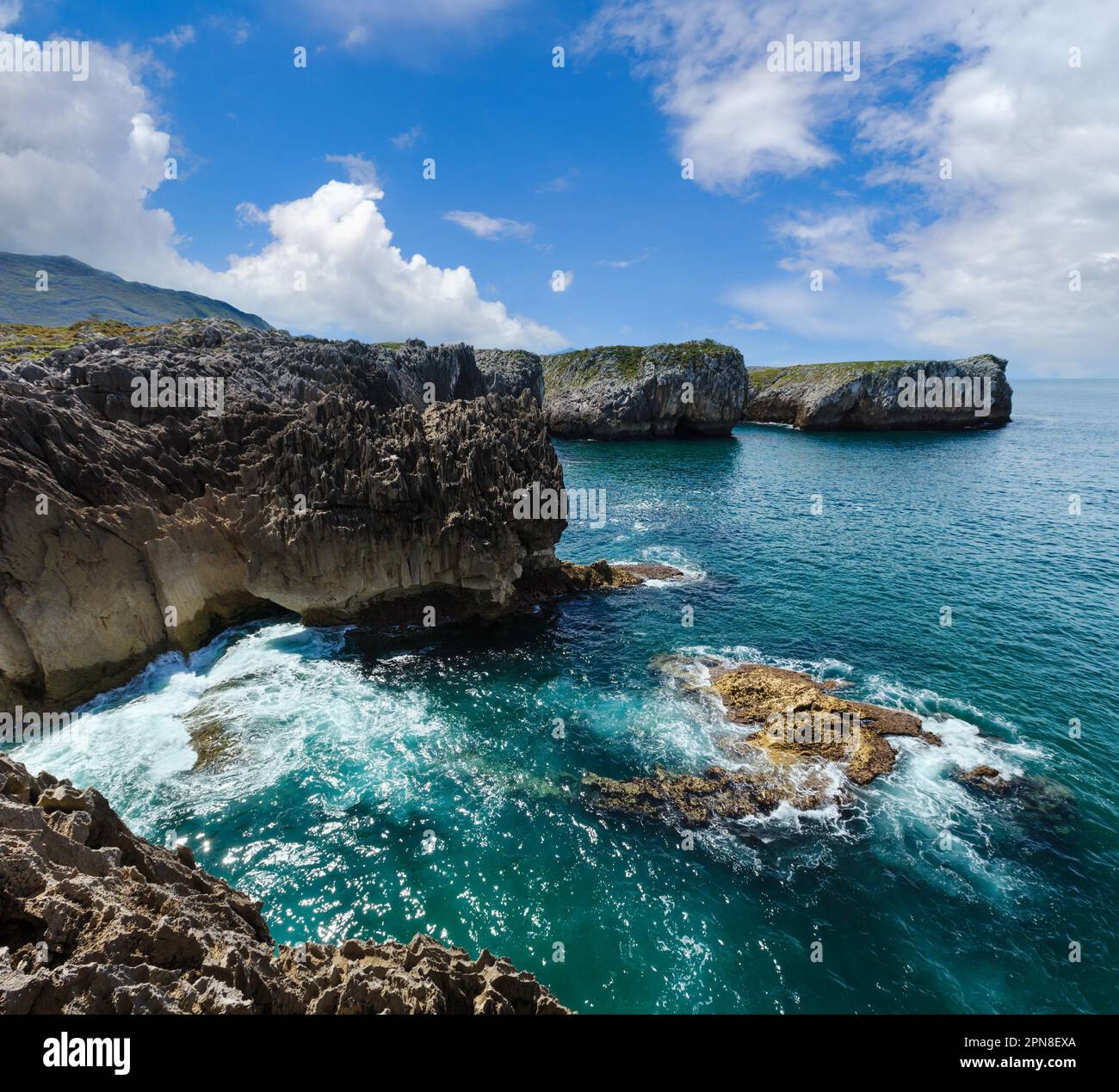 Bay of Biscay summer rocky coast view, Spain, Asturias, near Camango ...