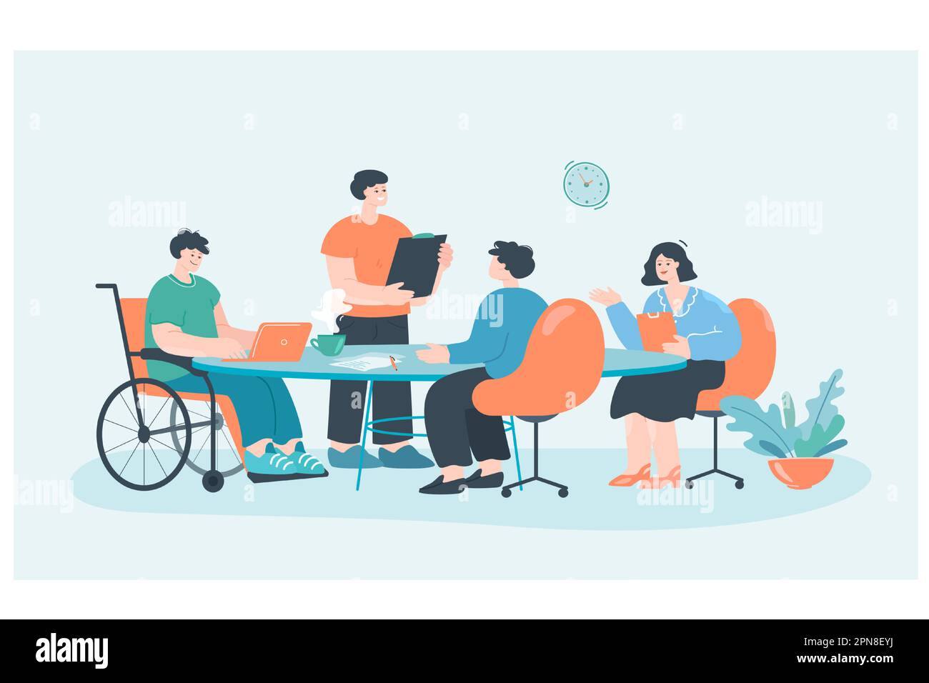 Business meeting and conversation of employees at office Stock Vector