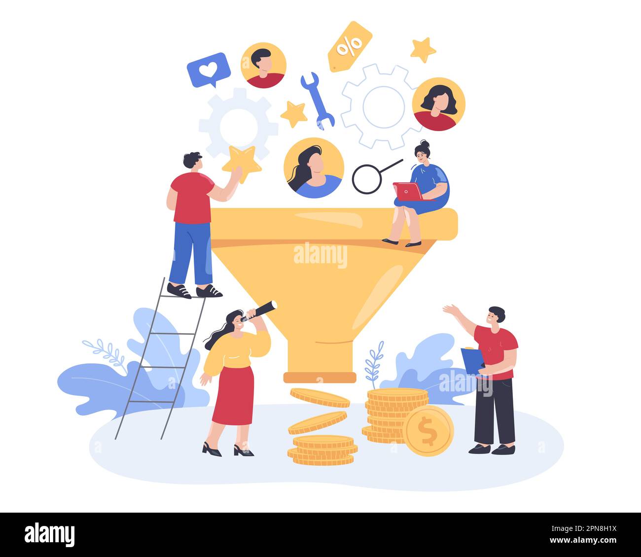 Tiny people on huge marketing funnel flat vector illustration Stock ...