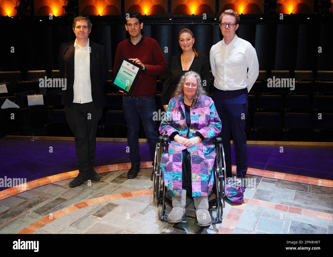 (left to right, rear) David Byrne, Will Young, Sophie Wallis and Jonas Georgsson, and Jo Salkilld (front row), of the New Diorama theatre, winners of the 'Empty Space Peter Brook Award', at the annual Critics' Circle Theatre Awards at Soho Place in London. Picture date: Monday April 17, 2023. Stock Photo