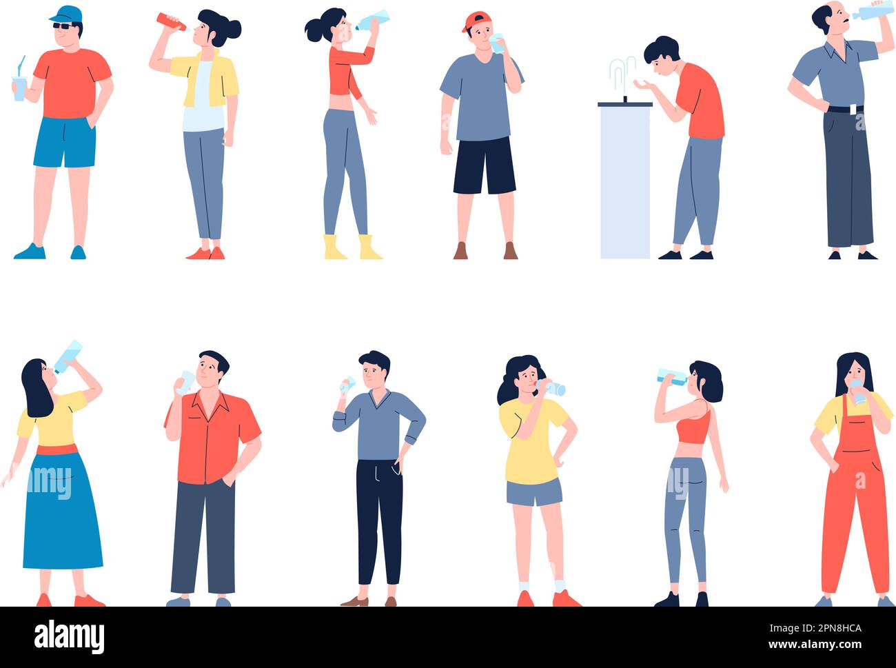 Young people drinking water, men woman drinks lot liquid from bottles, glasses and fountain. Characters at summer hot weather, recent vector set Stock Vector