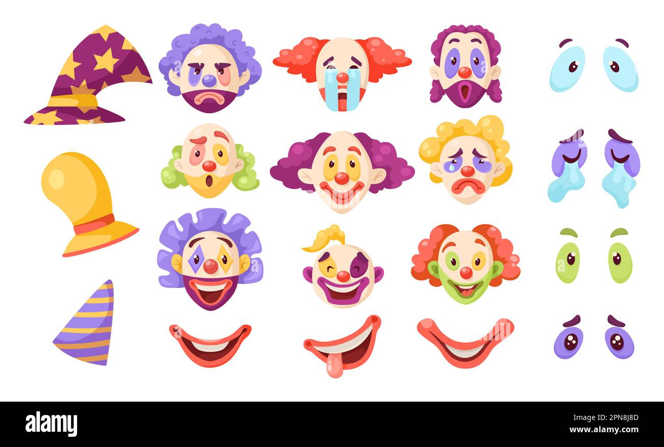 Funny cartoon clown faces and elements vector illustrations set Stock Vector