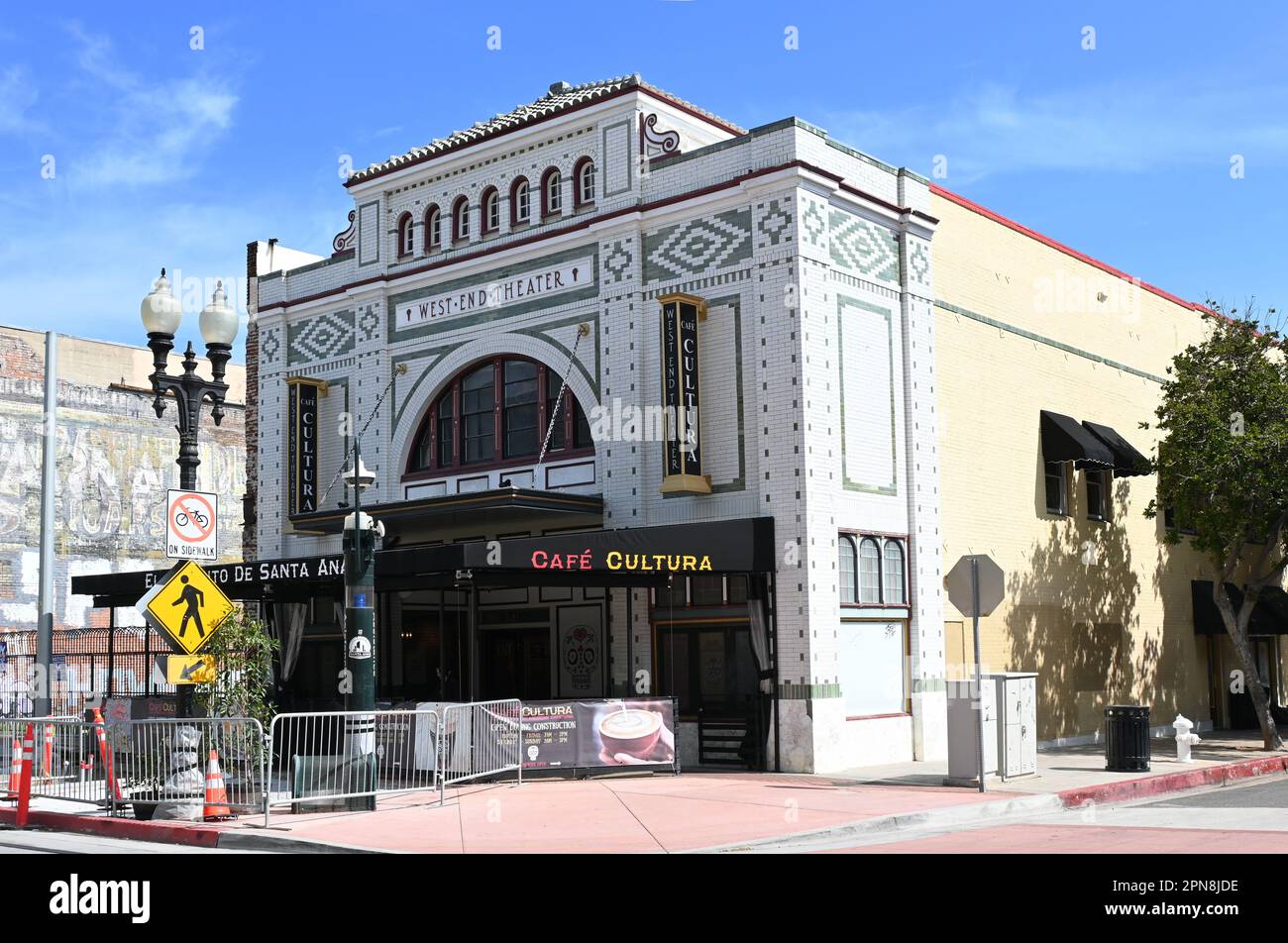 SANTA ANA, CALIFORNIA - 16 APR 2023: Cafe Cultura in the old West End Theater building on 4th Street in Downtown Santa Ana. Stock Photo