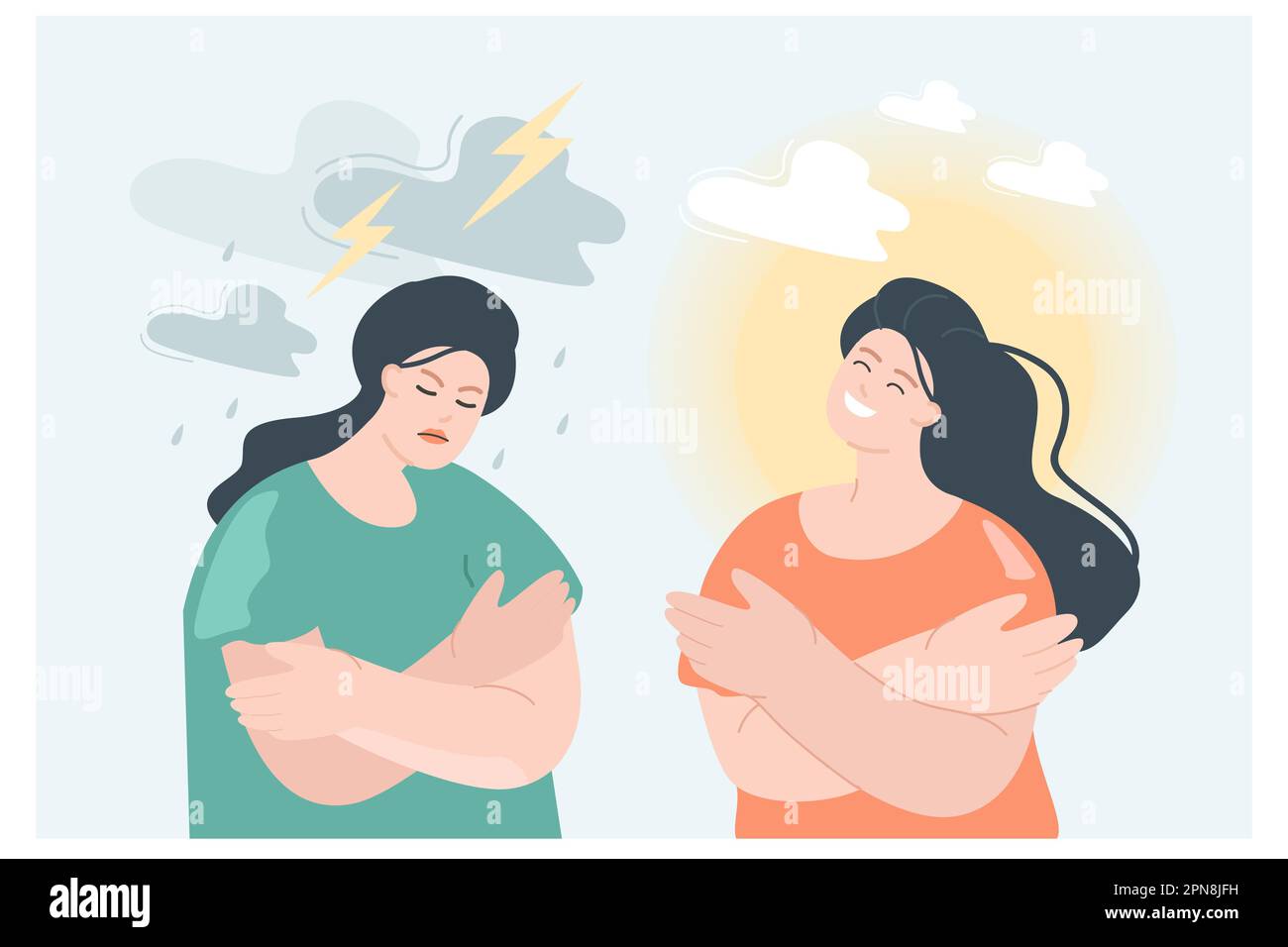 Good and bad mood of girls under rain with clouds or sun Stock Vector