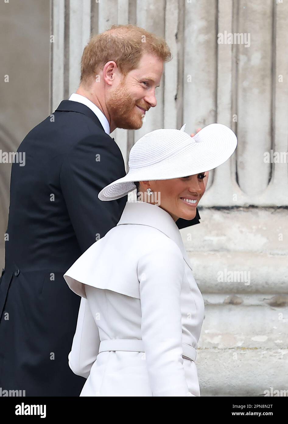London, UK 3rd June, 2022 :  Meghan, Duchess of Sussex and Prince Harry, Duke of Sussex leave a Thanksgiving Service for HRH Queen Elizabeth II to celebrate her Platinum Jubilee at St Paul's Cathedral in London. Credit: James Boardman/Alamy Live News Stock Photo