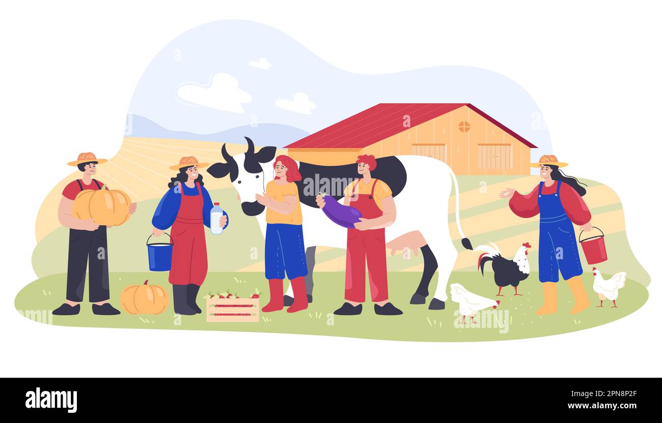 Agriculture workers with cow flat vector illustration Stock Vector
