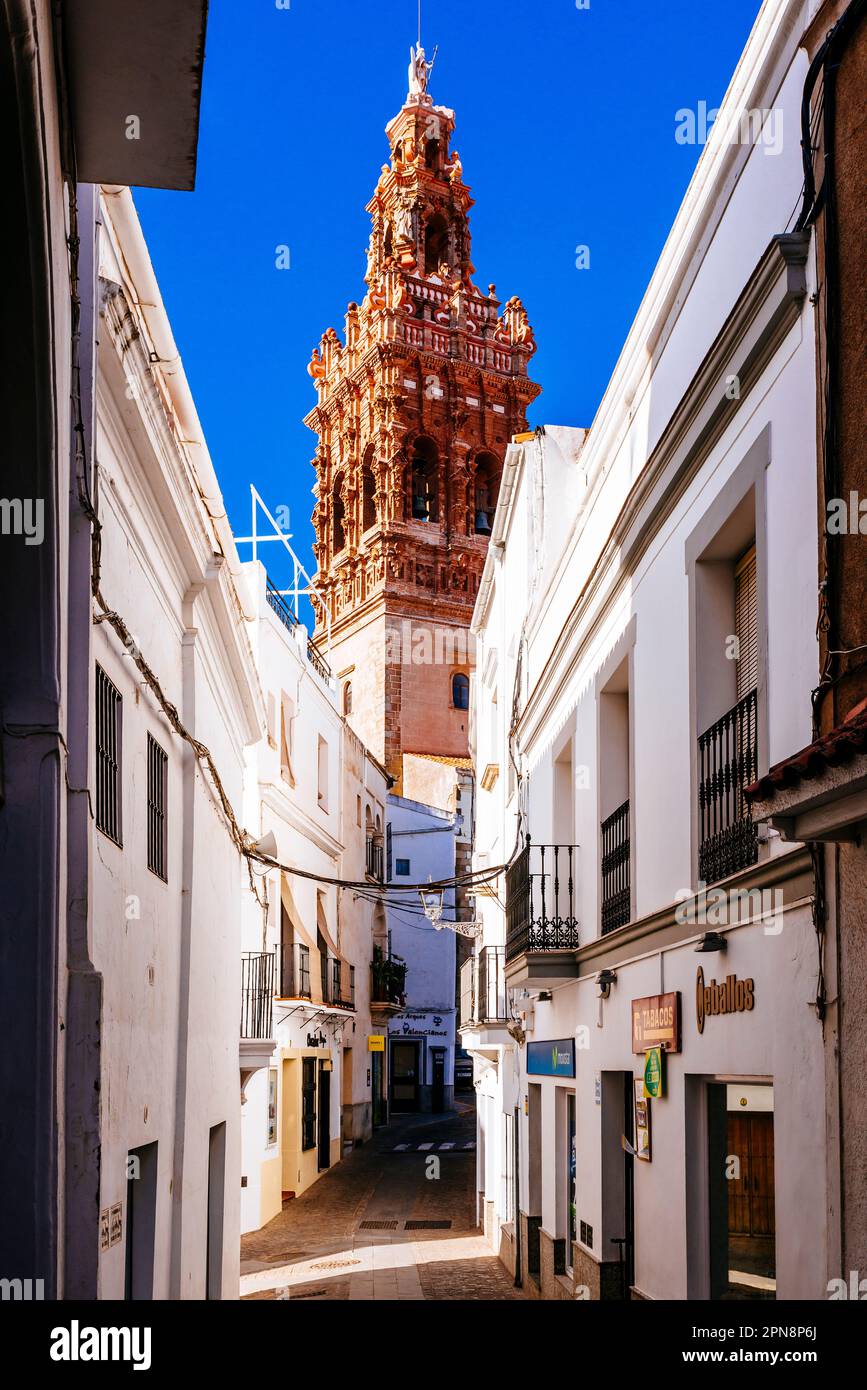 Jerez de los Caballeros street, in the background the baroque bell tower of the church of San MiguelJerez de los Caballeros, Badajoz, Extremadura, Spa Stock Photo