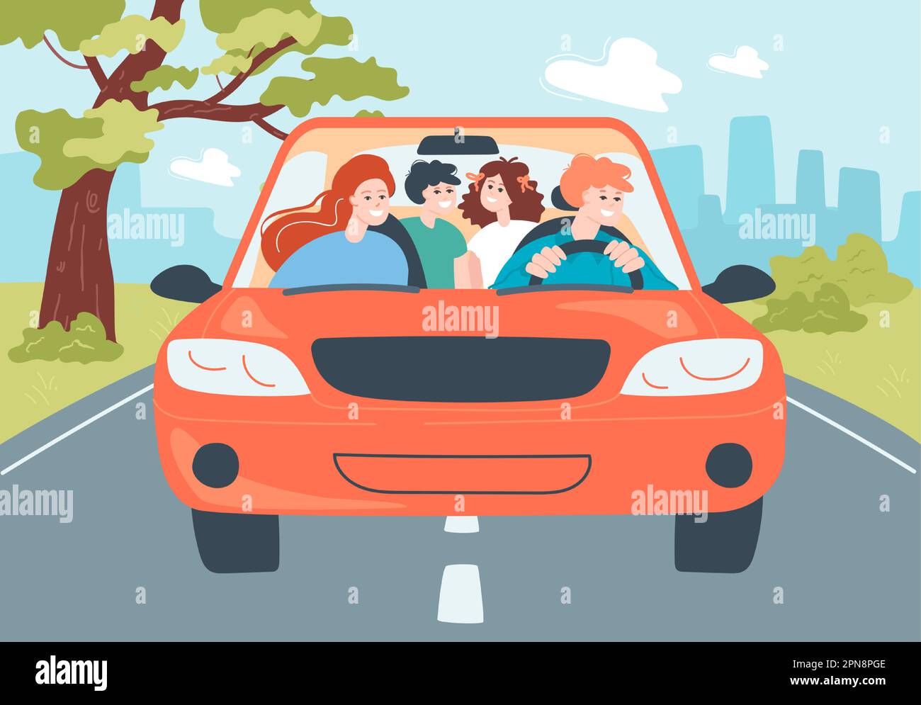 Front view of car on road with happy family inside Stock Vector
