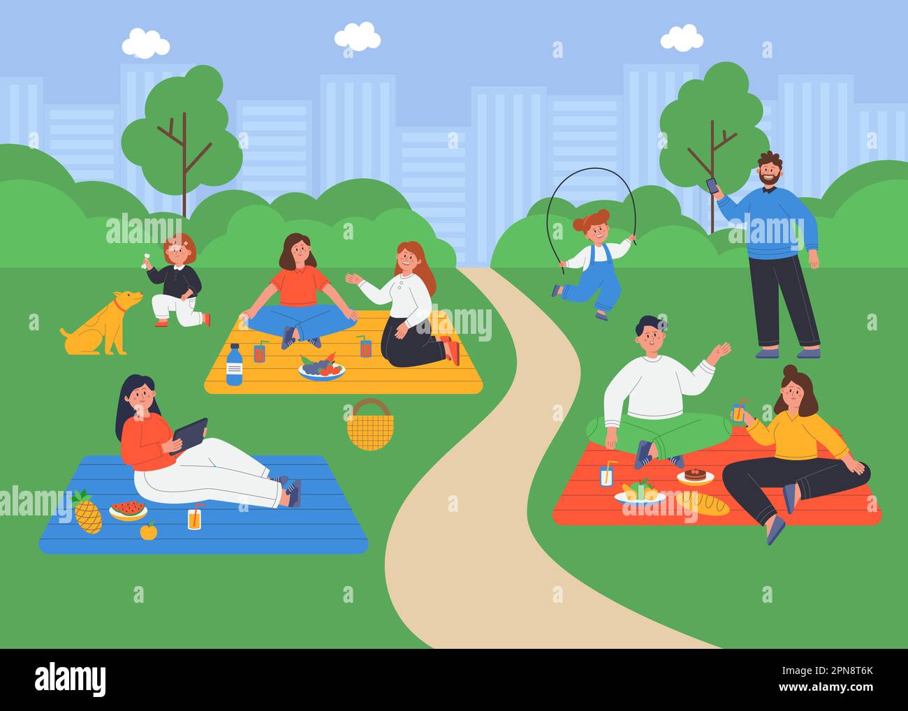 Landscape of summer city park with happy people on picnic Stock Vector ...