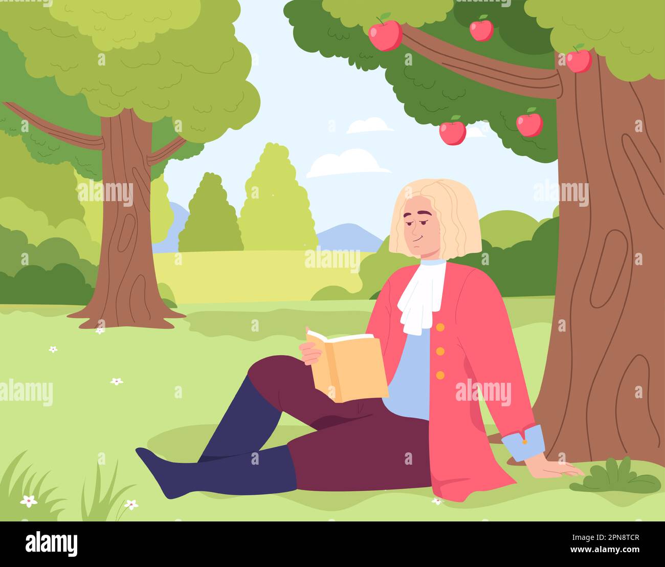 Cartoon Newton character sitting under apple tree Stock Vector Image