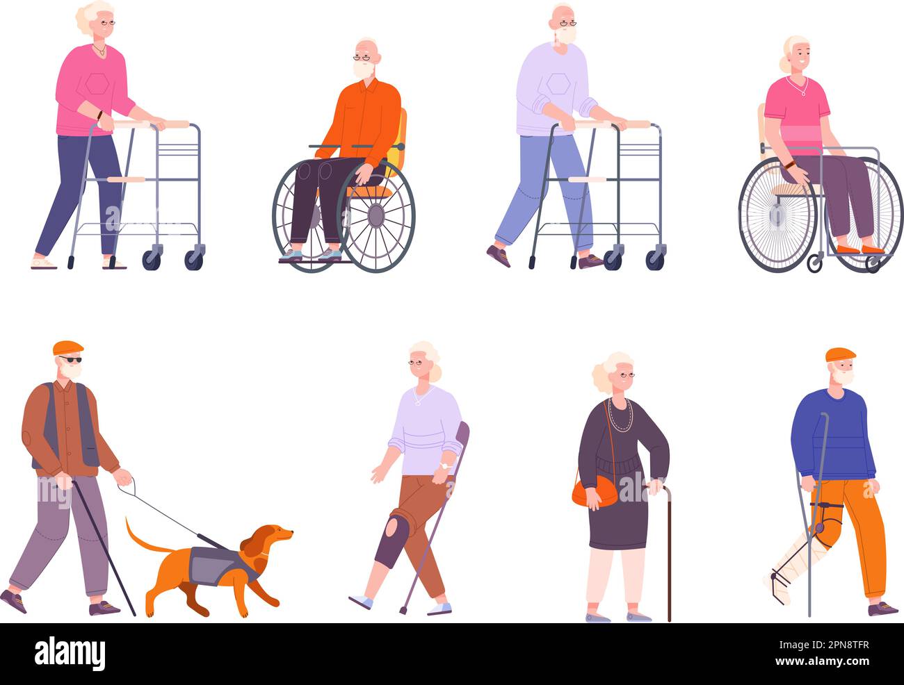 Elderly walkers. Old handicapped people, senior veterans walking with stick cane or walker, woman and age man on wheelchair, sick disabled grandparents vector illustration of walker elderly senior Stock Vector