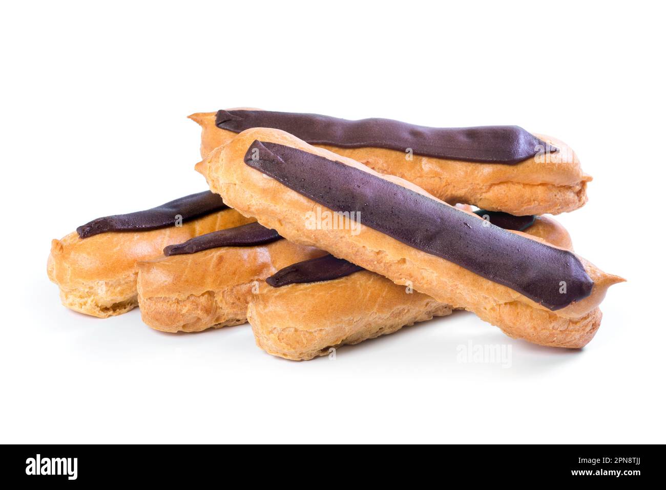 Fresh French eclairs with custard inside on a white background. Dessert Stock Photo
