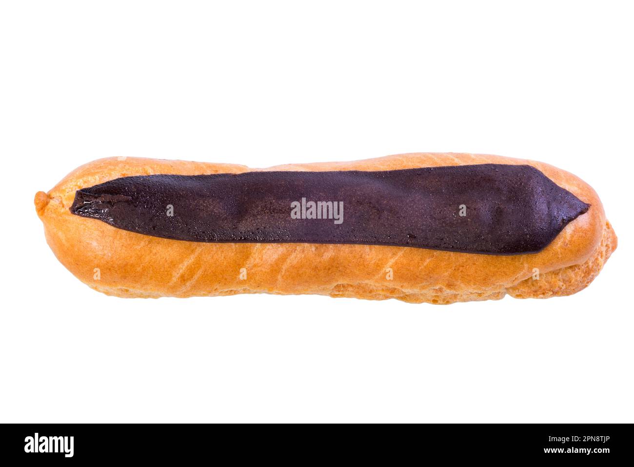 The chocolate eclair isolated on a white background. Close up, dessert Stock Photo