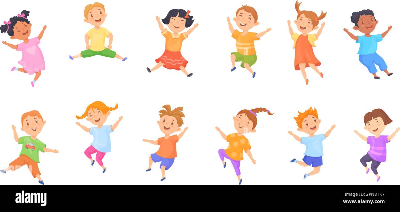 Kids jumping poses. Cute cartoon children jump pose, funny dance hands-up child different actions kid behaviour on leisure party, happy fun boy and girl vector illustration of character girl happy Stock Vector