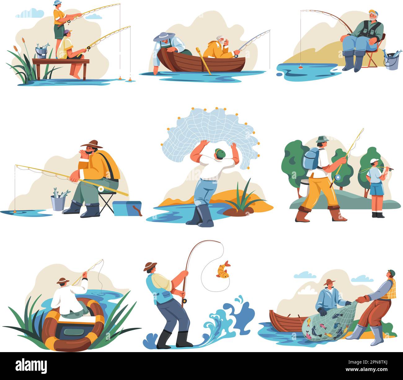 Fisher cartoon character. Fishermen holding fishing rod. Vector