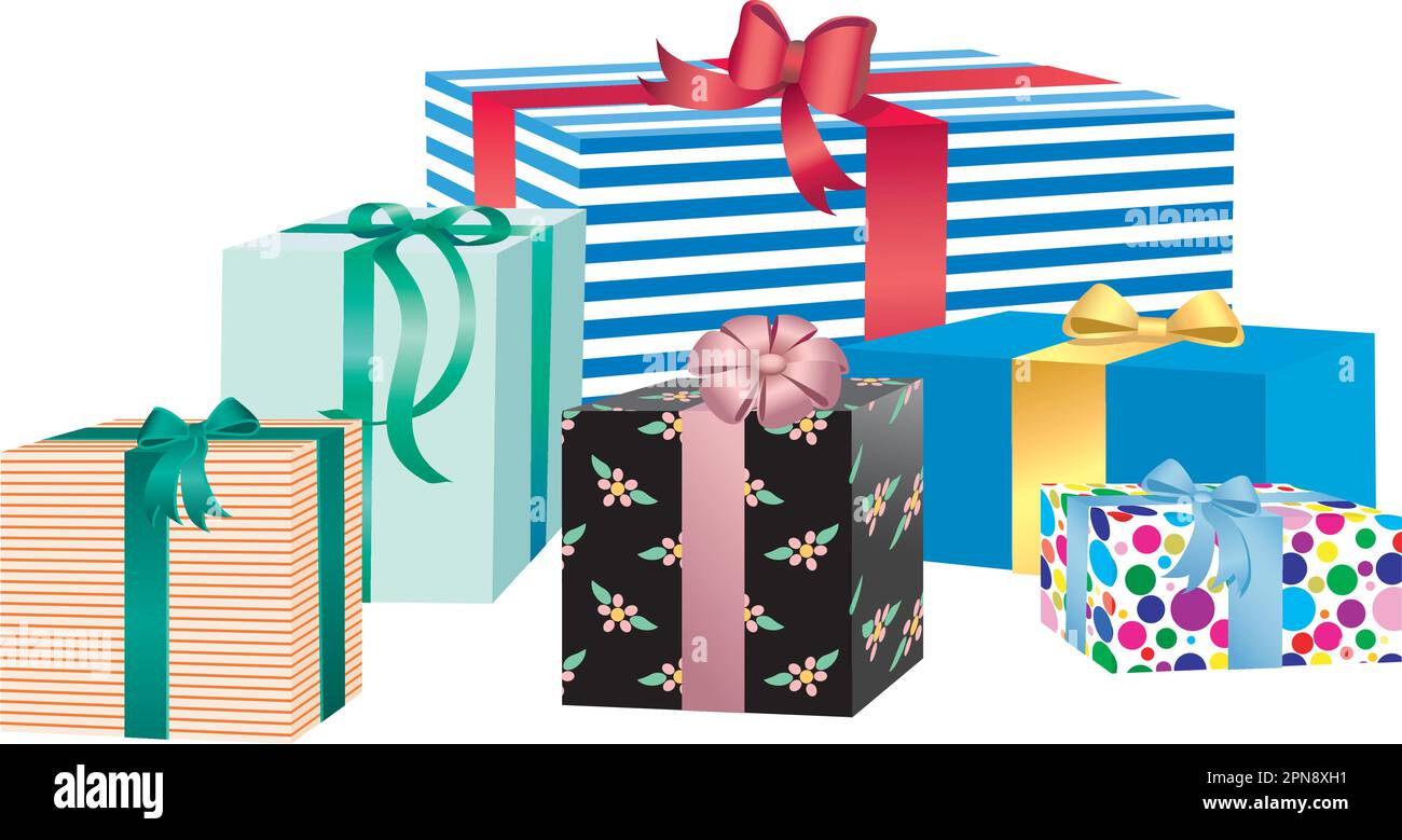 Assorted Boxes gifts with different wrapping paper, decorations Stock