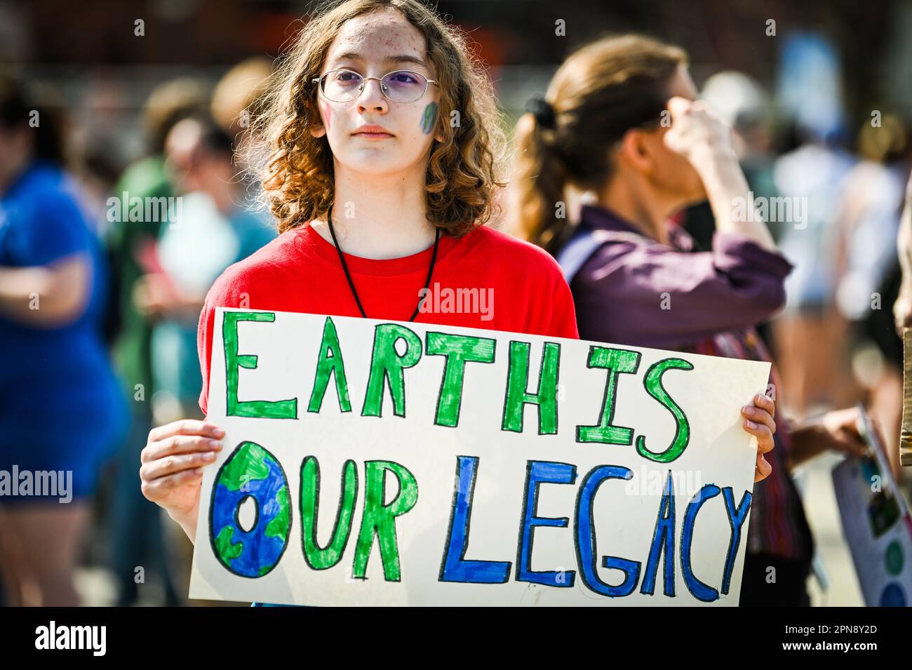 Young people at Youth Lobby’s 2023 Rally for the Planet at the Vermont State House, Montpelier, VT, USA, call for legislative climate change action. Stock Photo