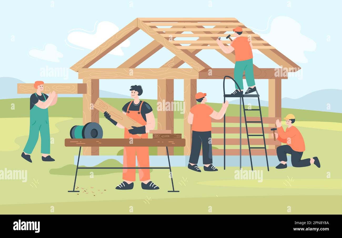 Cartoon carpenters building wooden house structure Stock Vector Image