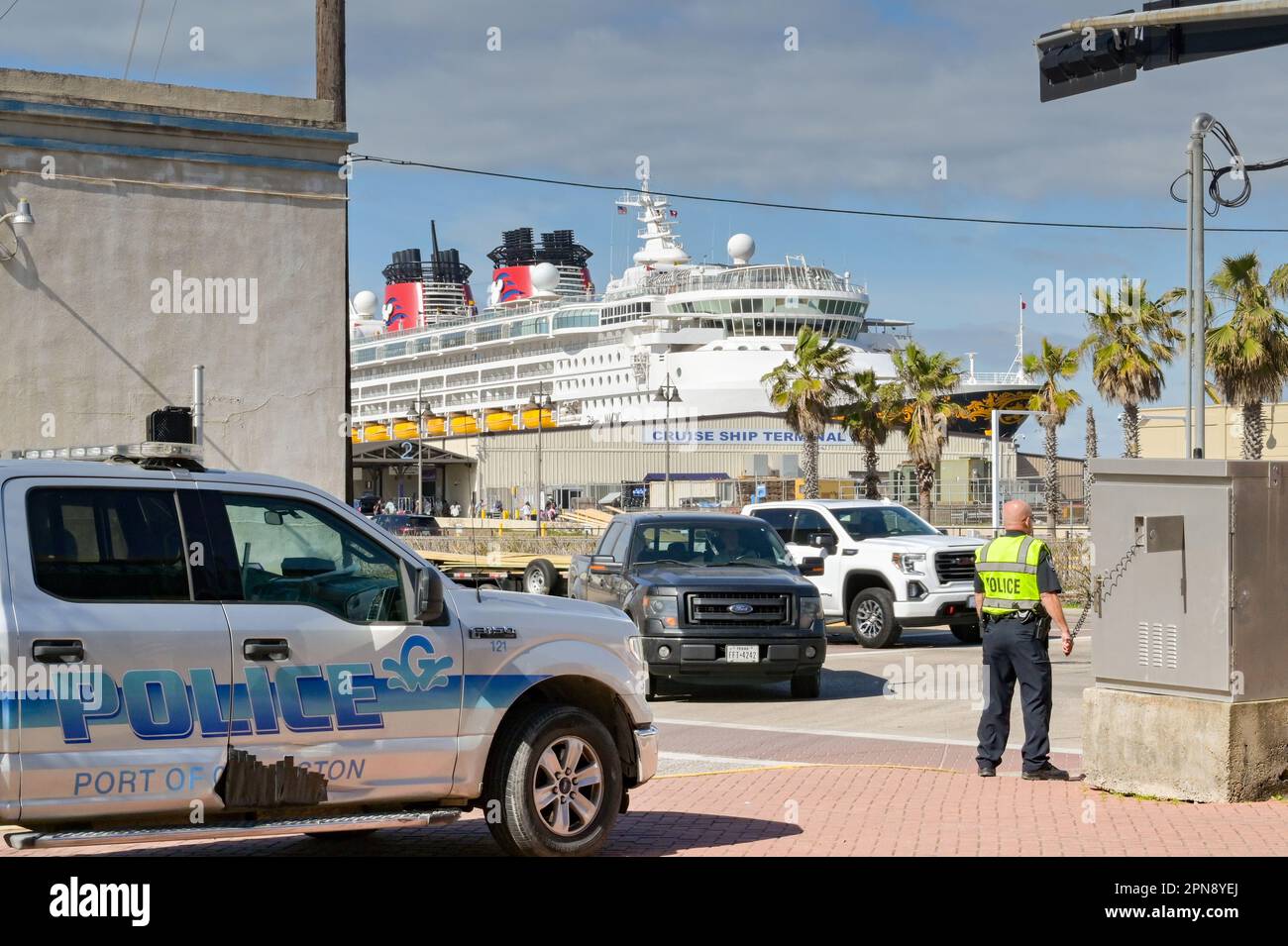 Galveston, Texas, USA February 2023 Police officer from the Port of Galveston controlling