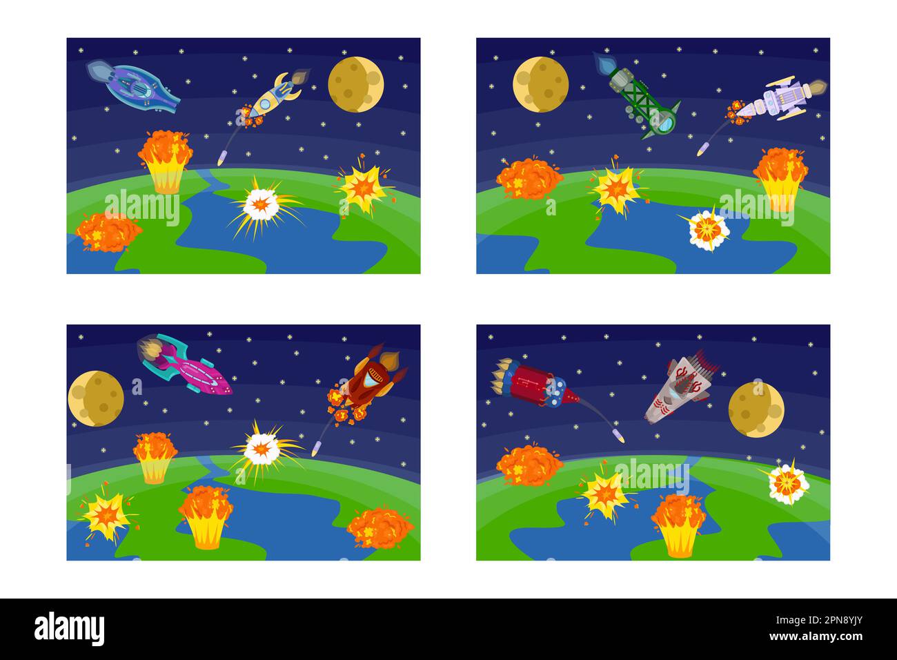 Alien spaceships attacking Earth cartoon illustrations set Stock Vector