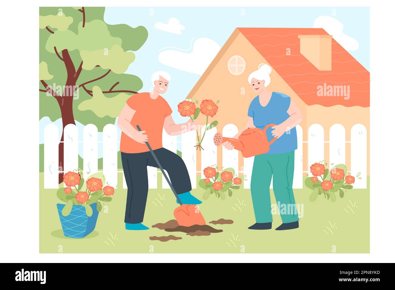 Old grandparents planting flowers in home garden Stock Vector