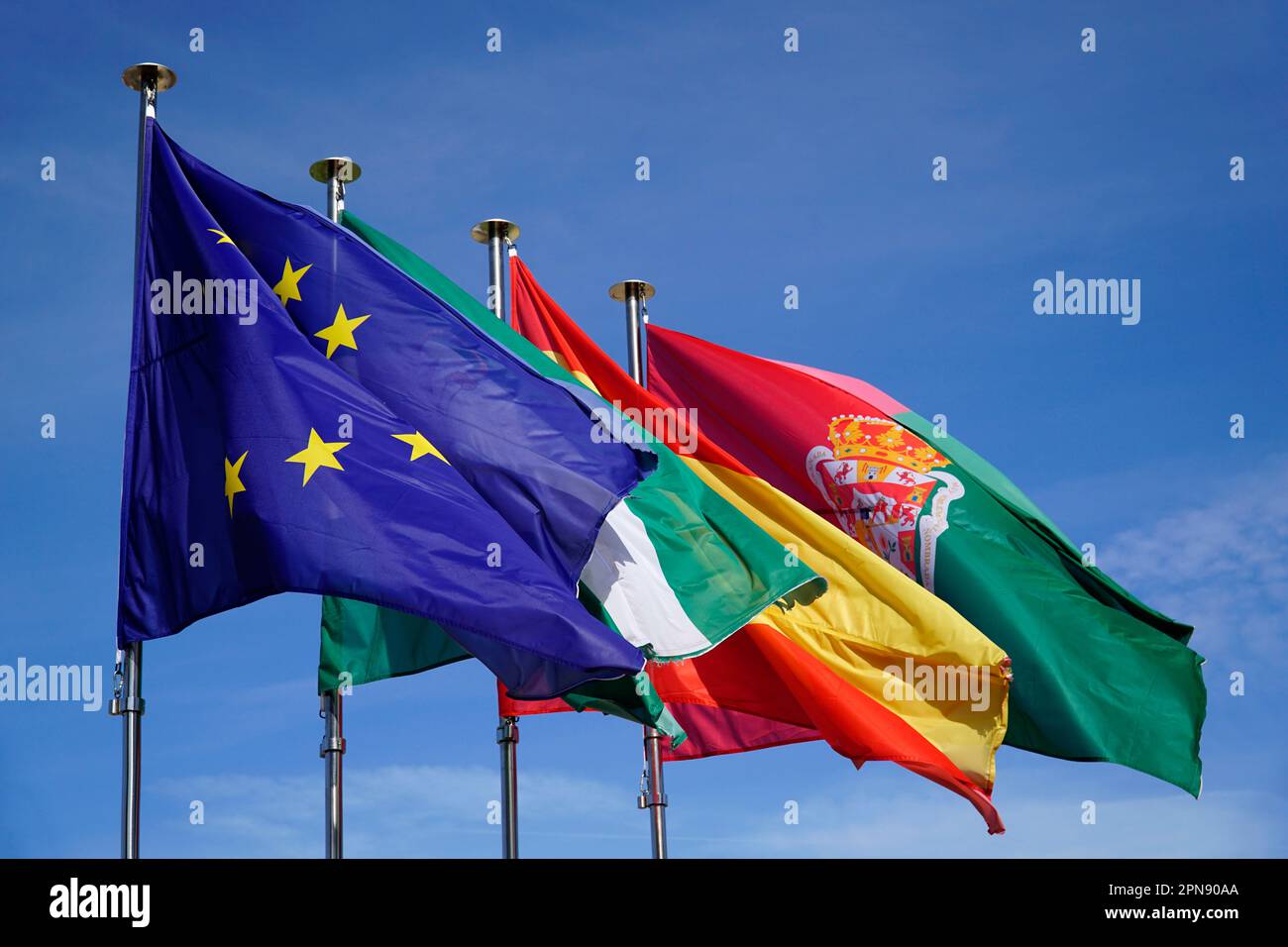 Flags of European Union, Spain, Andalusia and Granada Stock Photo