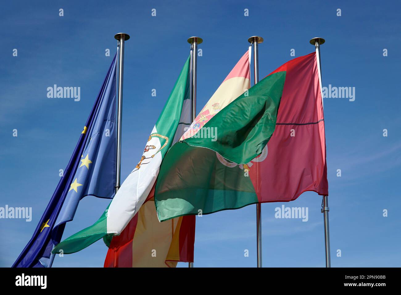 Flags of European Union, Spain, Andalusia and Granada Stock Photo