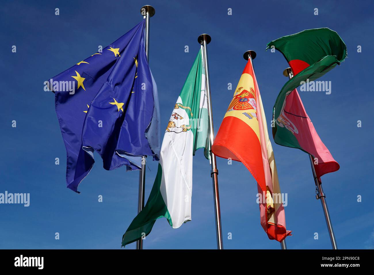 Flags of European Union, Spain, Andalusia and Granada Stock Photo