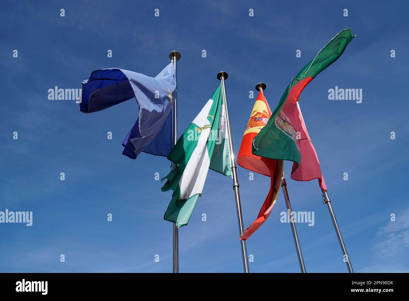 Flags of European Union, Spain, Andalusia and Granada Stock Photo