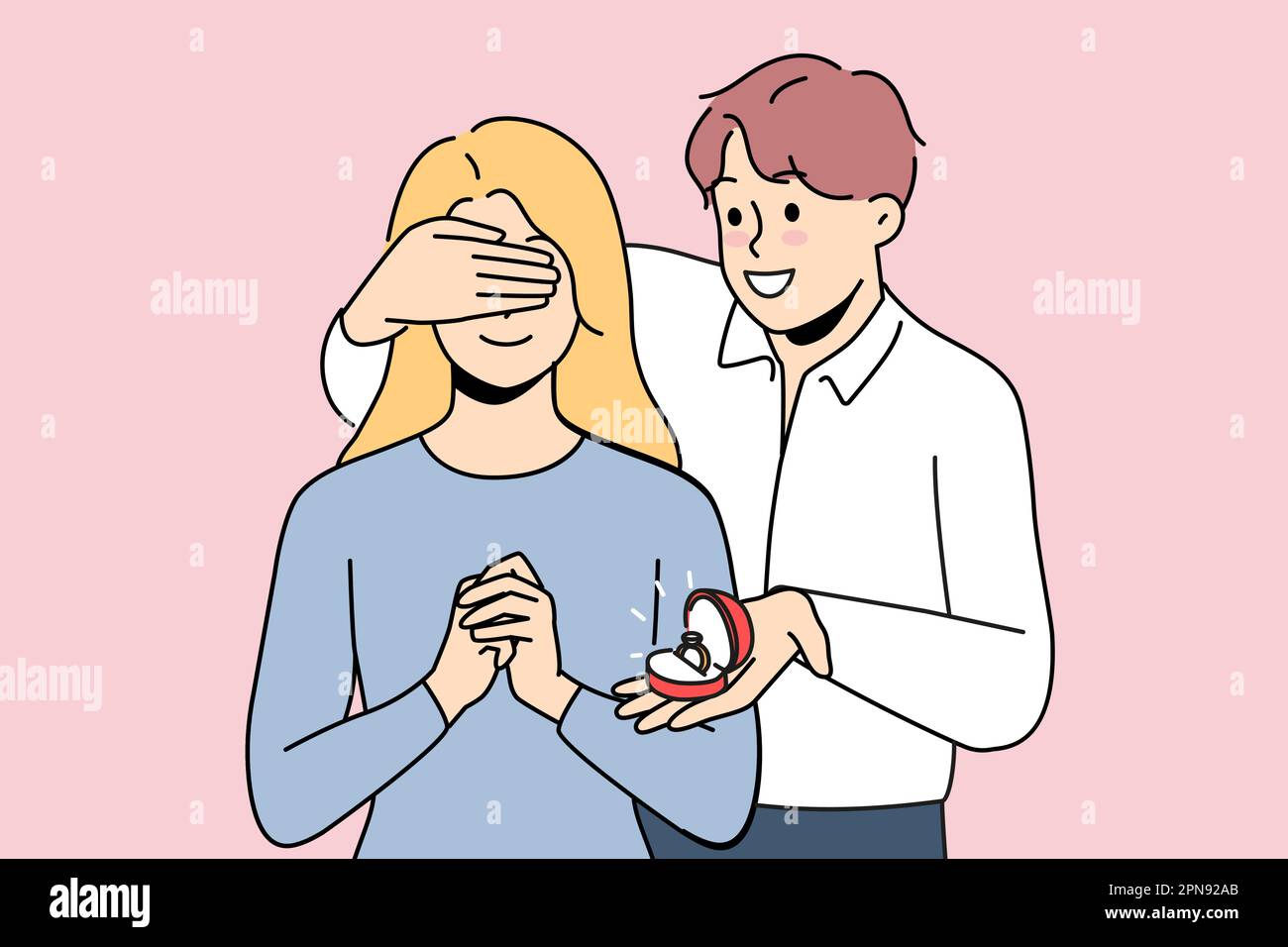 Loving man close excited woman eyes make marriage proposal. Smiling guy surprise girl with engagement ring. Weeding and relationship. Vector illustration.  Stock Vector