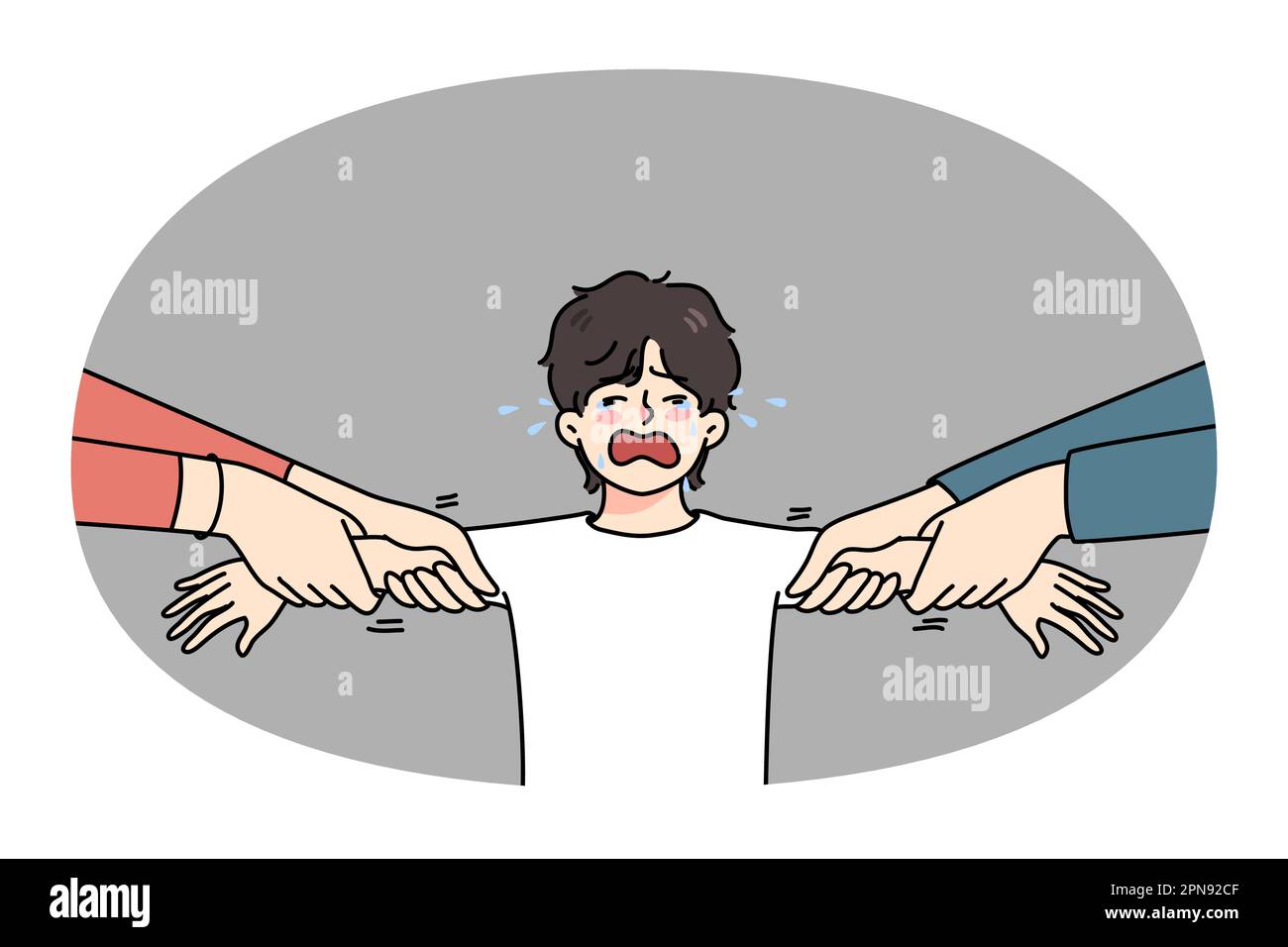 Parents tear apart unhappy crying son have divorce process in family. Stubborn mother and father divide child custody after breakup or separation. Children and domestic violence. Vector illustration. Stock Vector