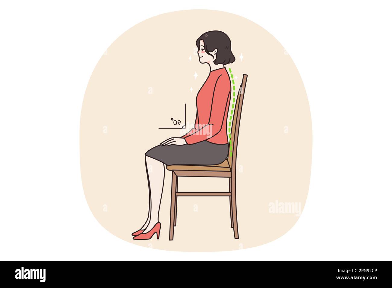 Young woman sit on chair in correct position think of back. Female employee right sedentary pose at work. Healthcare and incorrect posture concept. Healthy lifestyle. Vector illustration. Stock Vector