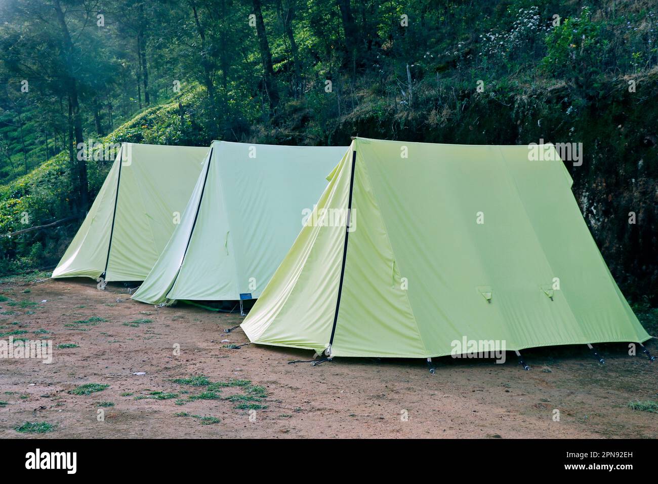 camping tents in mountain valley in kerala india Stock Photo Alamy