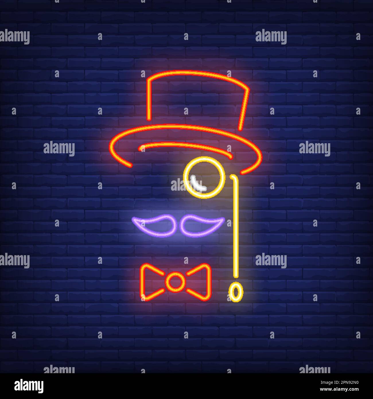 Hat, moustache, bow tie and monocle neon sign Stock Vector