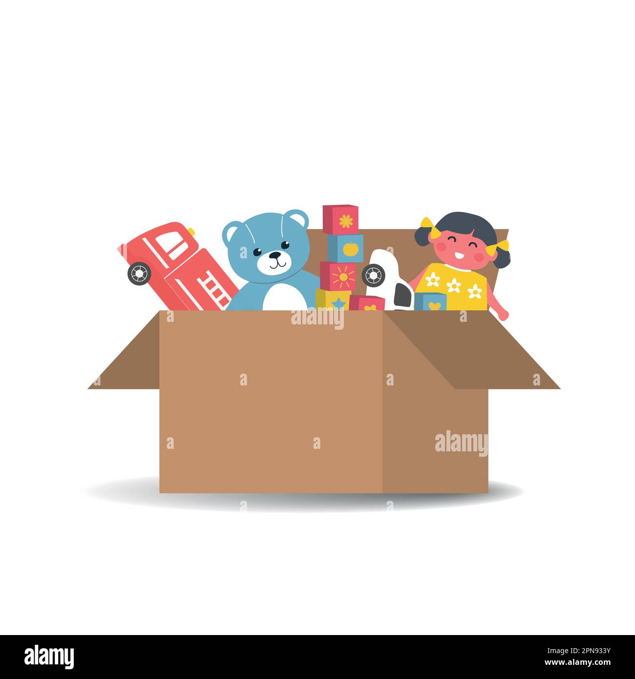 Toys in cardboard box. There is teddy bear, doll, toy cars, cubes in the picture. Vector illustration Stock Vector