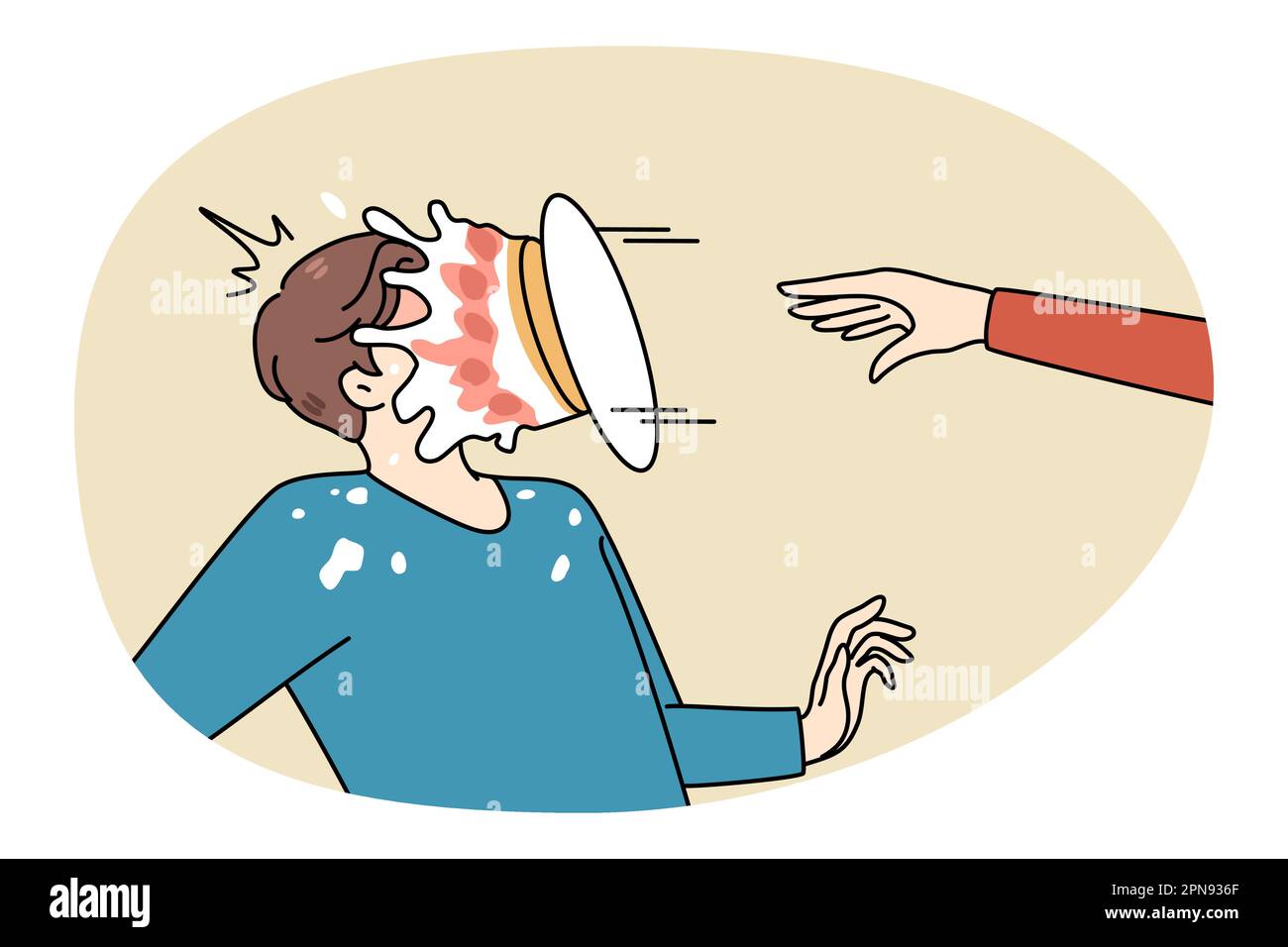 Person throw pie in man face make fun of friend or colleague. Greeting or congratulation with happy birthday prank or joke. Laughter and smile concept. Flat vector illustration. Stock Vector