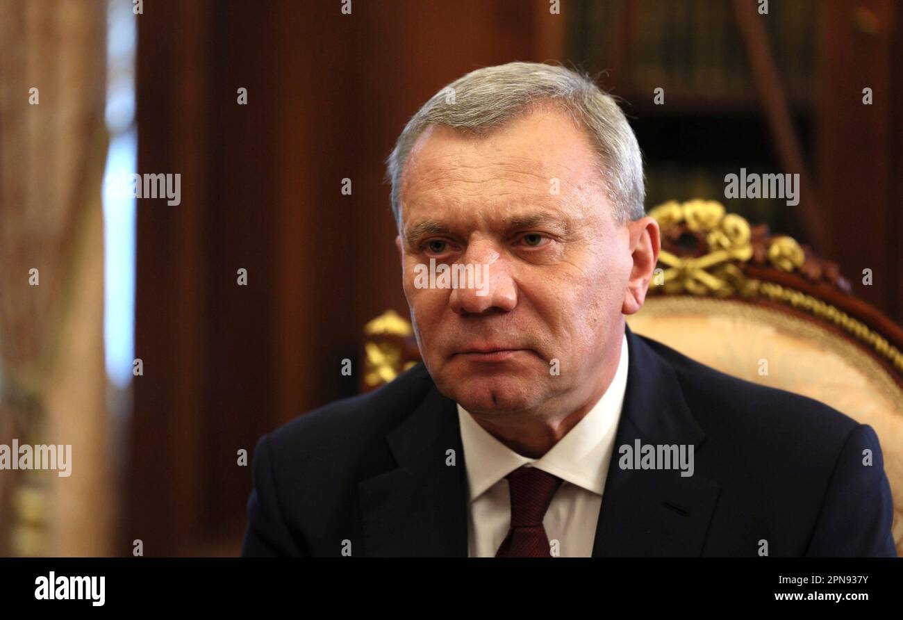 Moscow, Russia. 12 April, 2023. The CEO of the Russian Federal Space Agency Yuri Borisov responds to Russian President Vladimir Putin during a face-to-face meeting at the Kremlin, April 12, 2023 in Moscow, Russia.  Credit: Gavriil Grigorov/Kremlin Pool/Alamy Live News Stock Photo